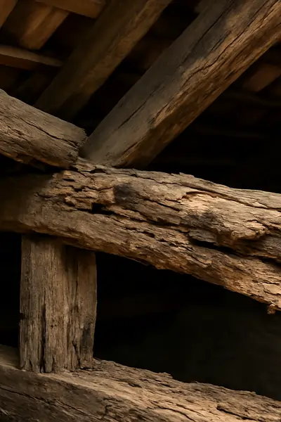 Exemple de photo générée de Charpente ancienne avec chevrons pourris et bois endommagé