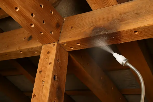 photo générée illustant un Technicien en protection du bois appliquant un traitement insecticide sur une solive de charpente