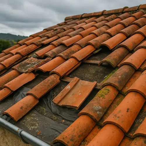 Toiture ancienne usée avec tuiles cassées et mousse