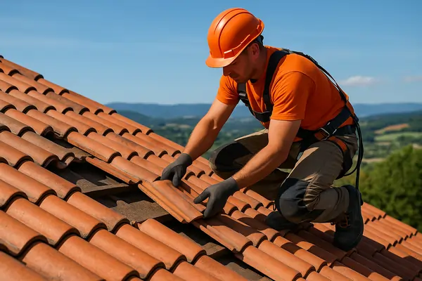 Couvreur concentré sur la pose de tuiles en Ariège