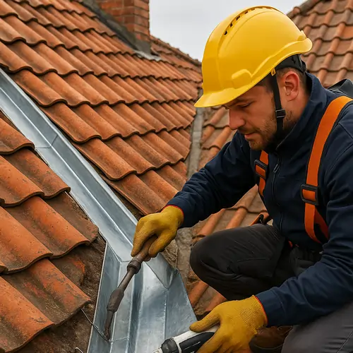 Couvreur remplaçant et réparant une noue en zinc pré-patiné sur tuiles